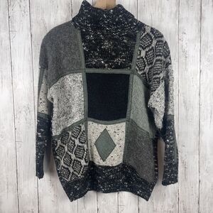 Vintage Fabe Turtleneck Sweater Womens M Black Gray Patchwork Grandpa‎ Eclectic
